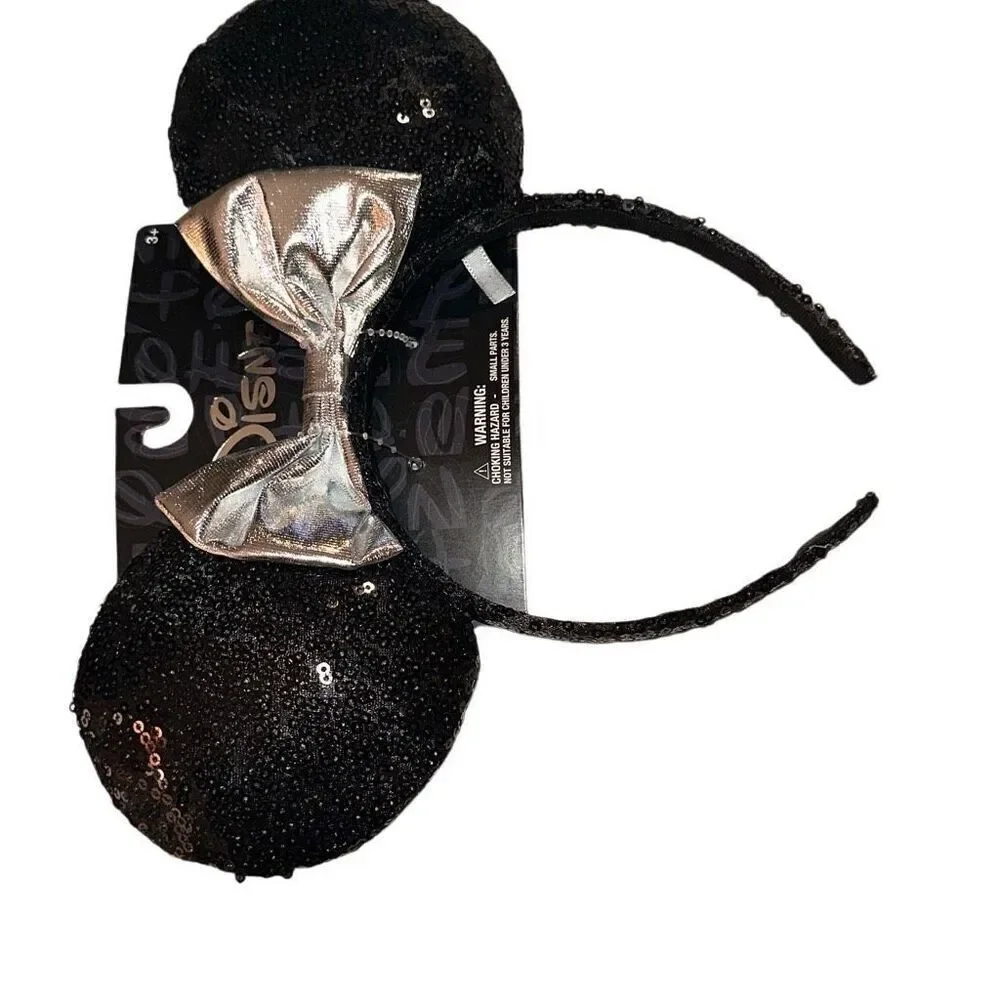 *NEW* Disney Minnie Mouse Ears Headband Black Sequined Silver Metallic Bow